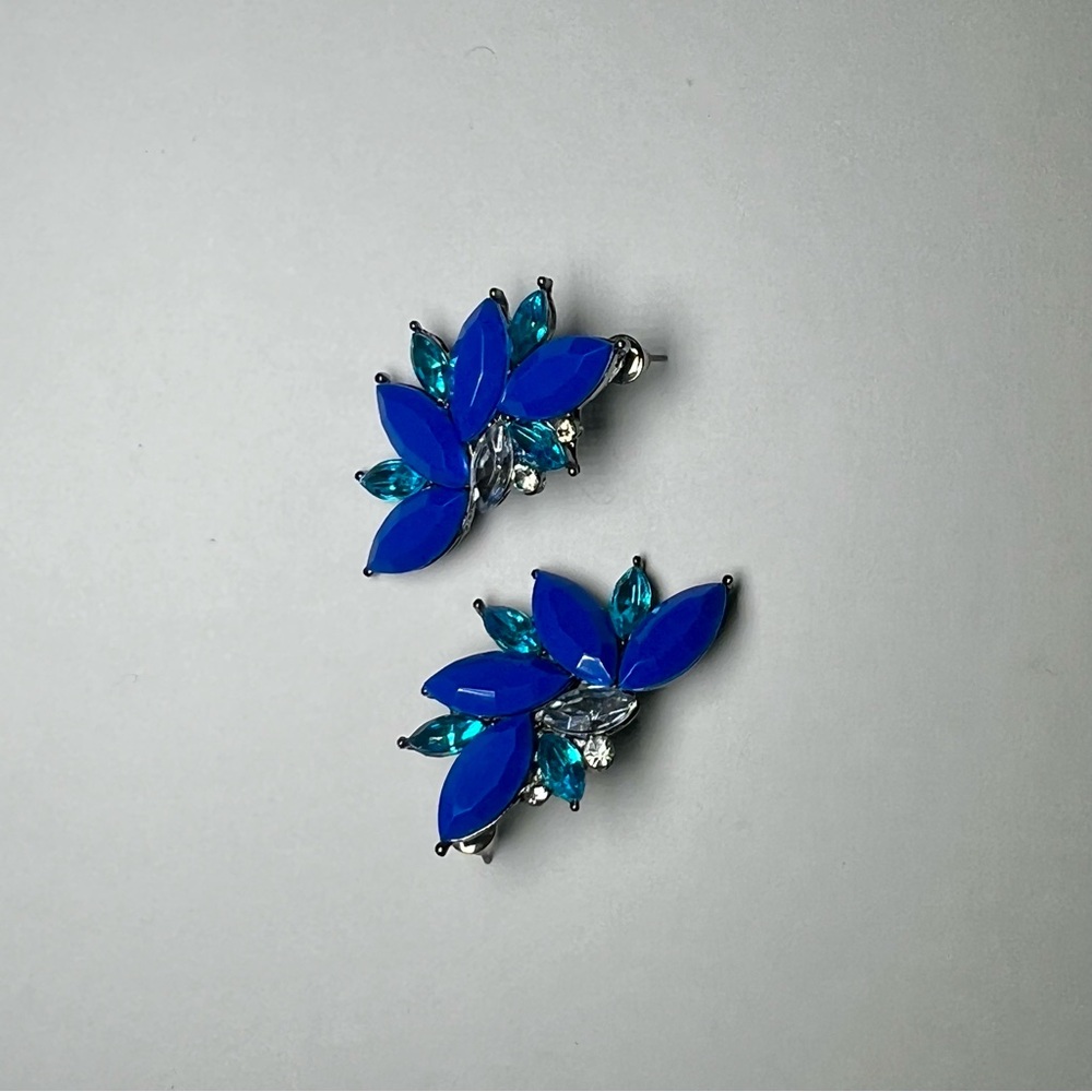 NEW ✨Elegant Blue and Silver Rhinestones Floral Statement Earrings